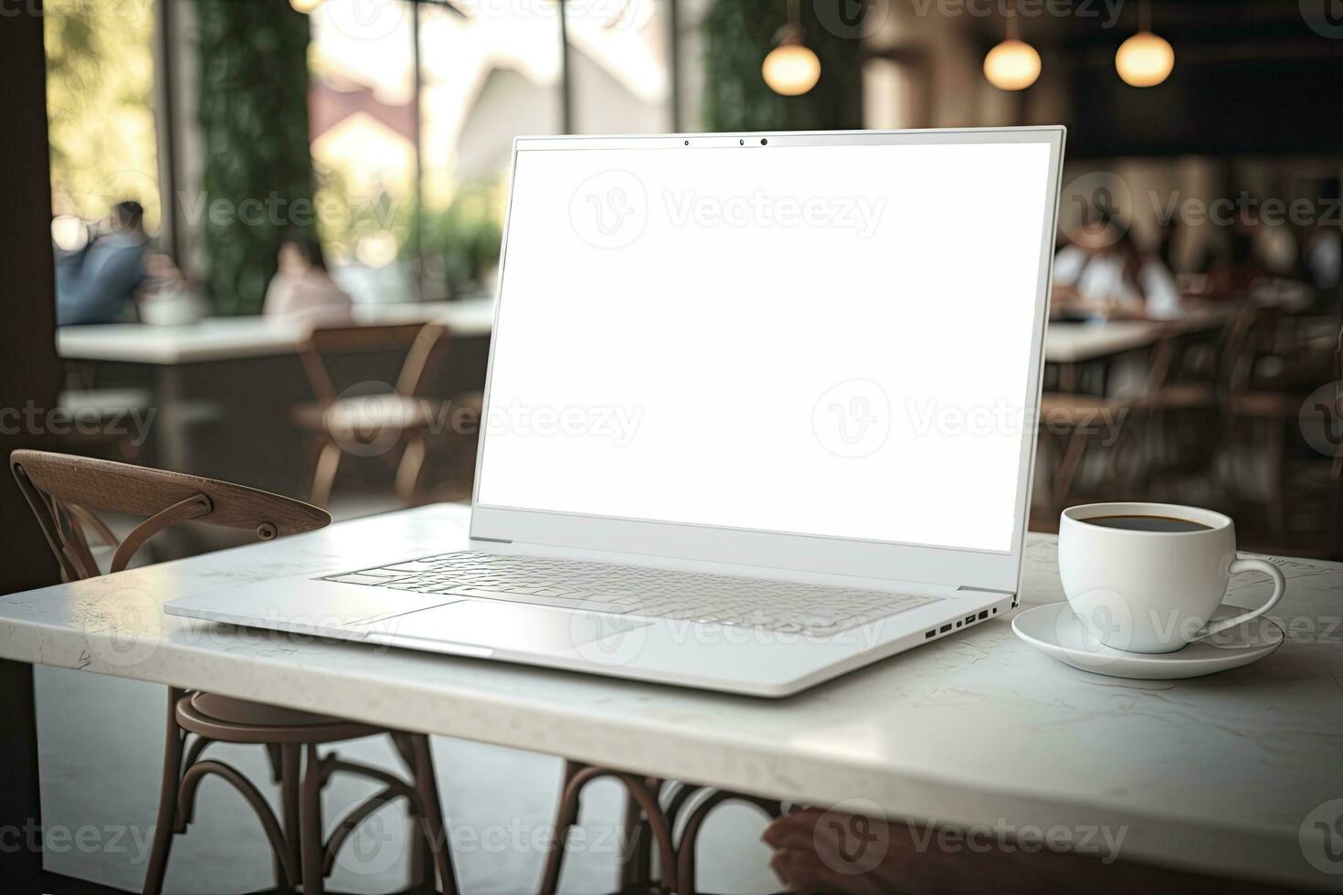 Creative White screen Mockup of a Laptop On The Desk. Empty Computer Design photo