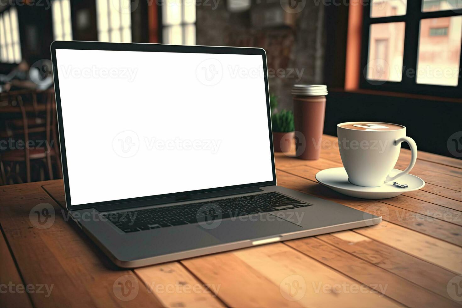 Creative White screen Mockup of a Laptop On The Desk. Empty Computer Design photo