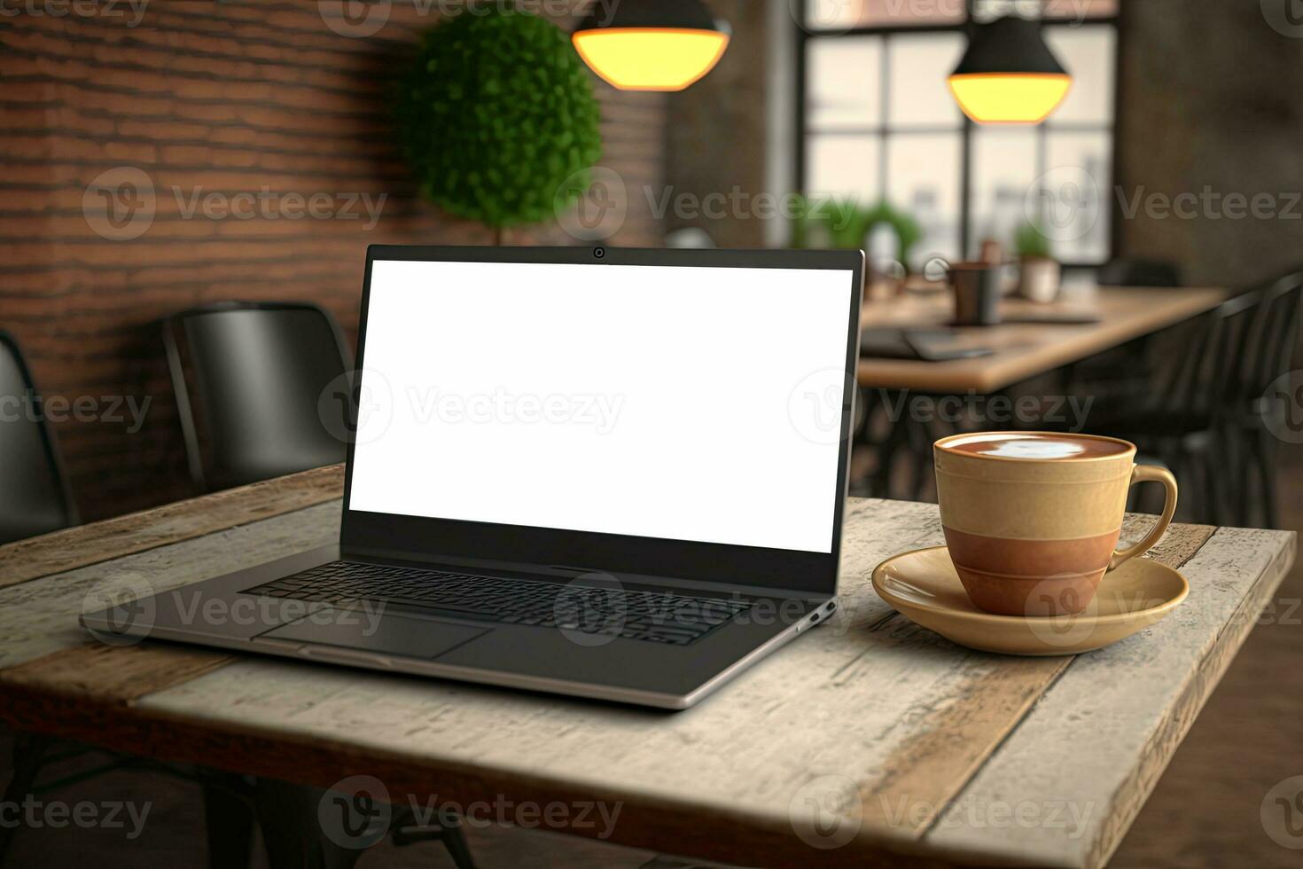 Creative White screen Mockup of a Laptop On The Desk. Empty Computer Design photo