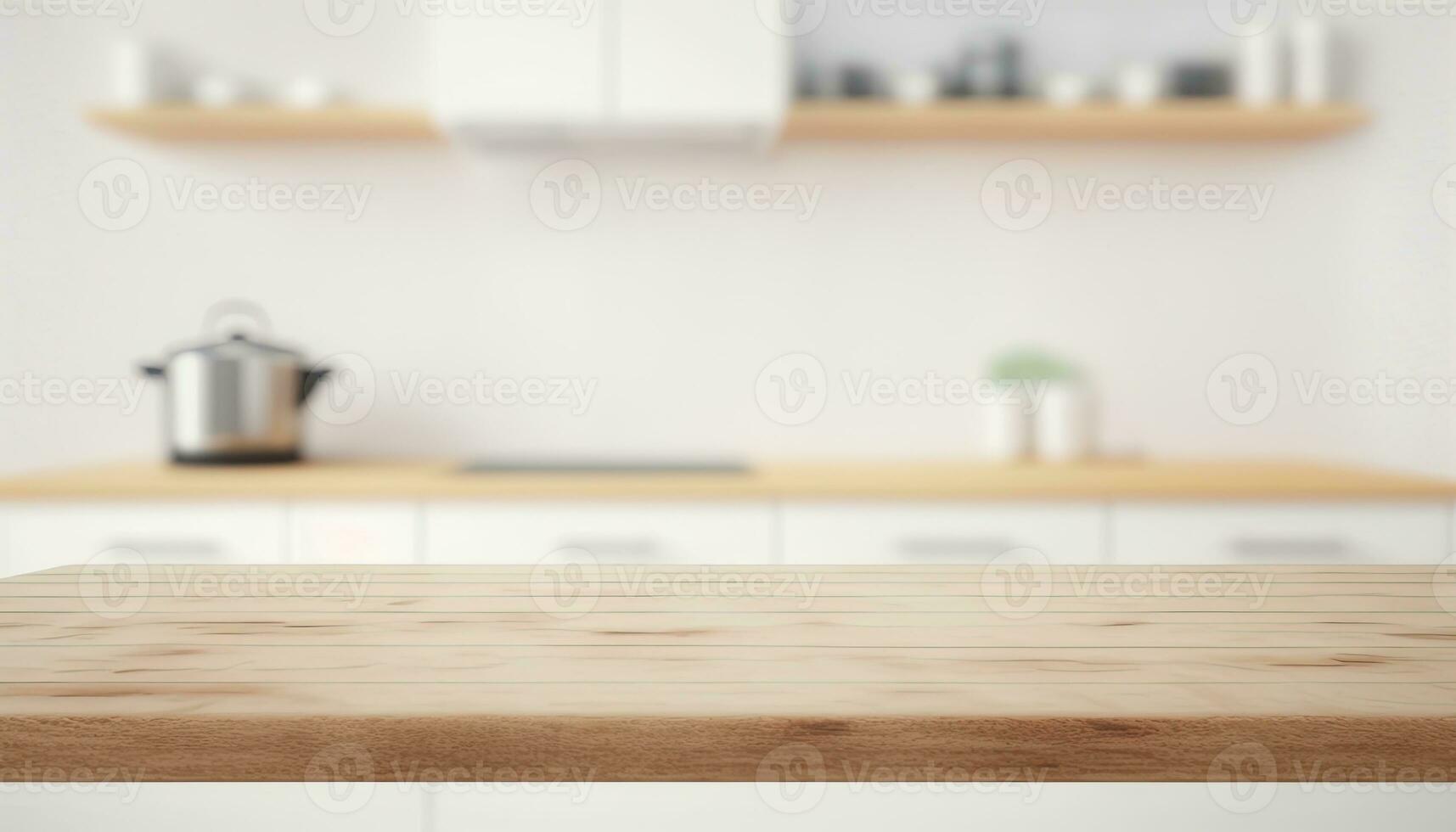 Empty table top over defocused kitchen with copy space photo