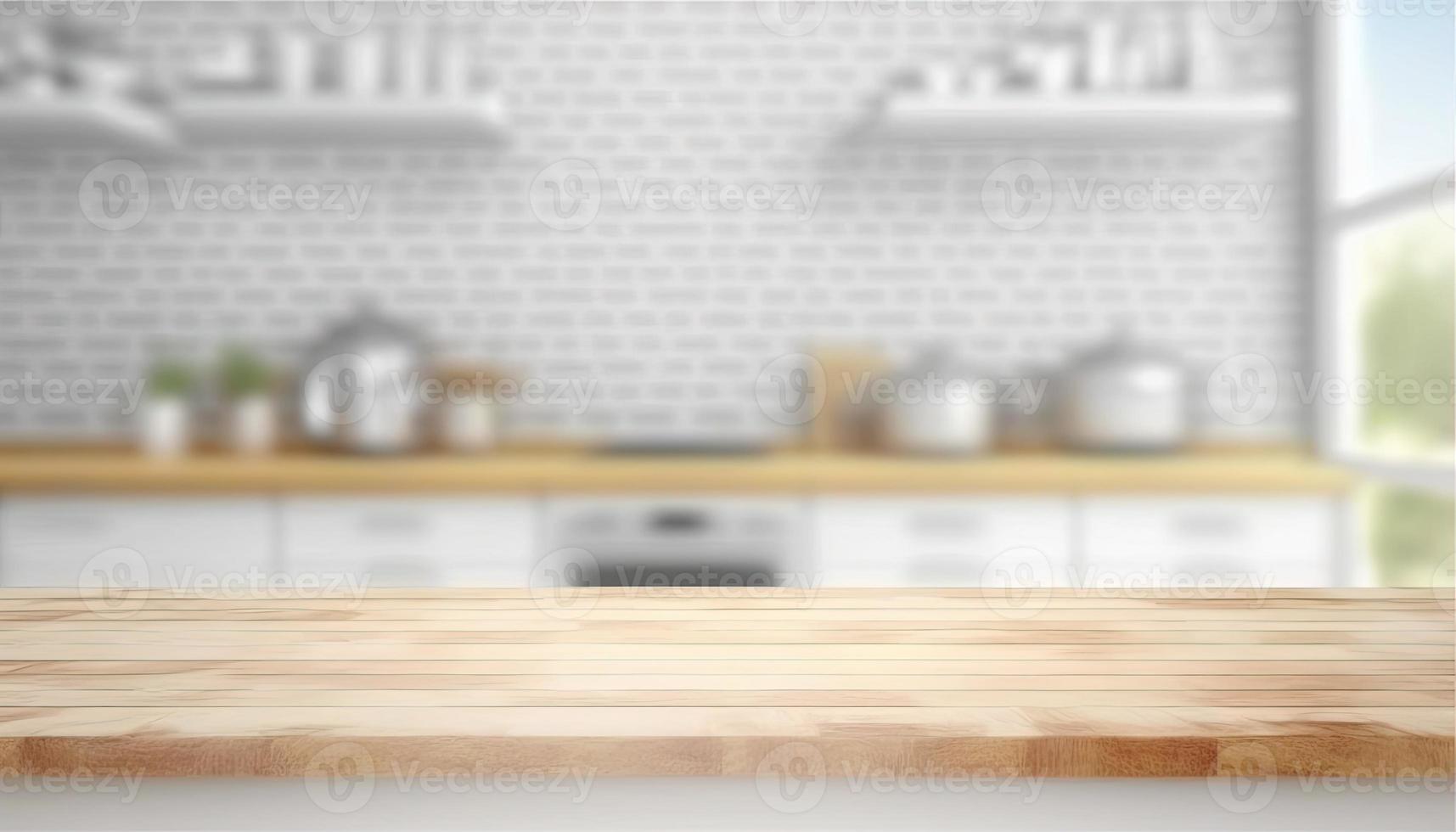 Empty table top over defocused kitchen with copy space photo