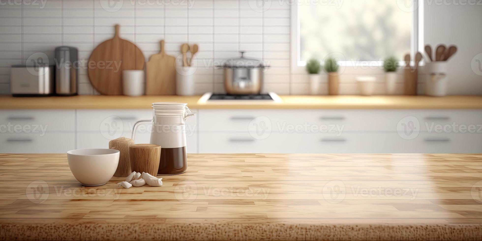Empty table top over defocused kitchen with copy space photo