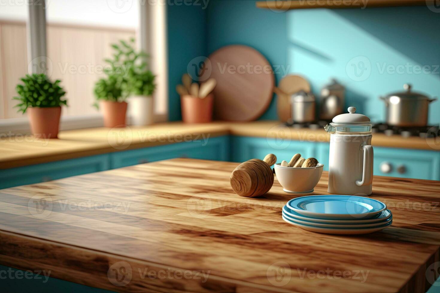 Empty table top over defocused kitchen with copy space photo