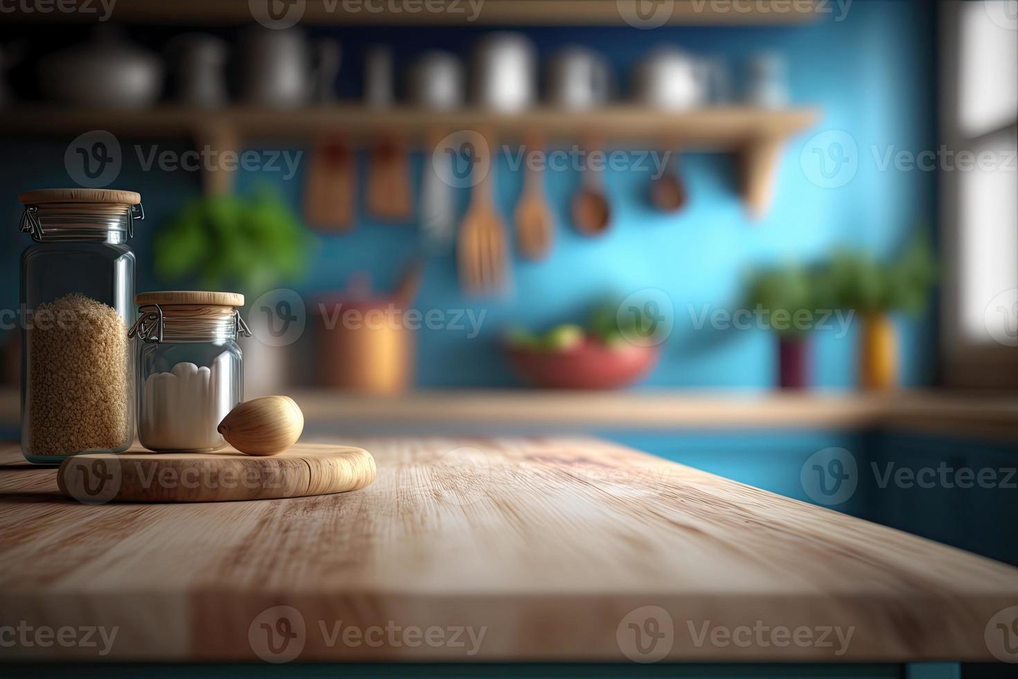 Empty table top over defocused kitchen with copy space photo