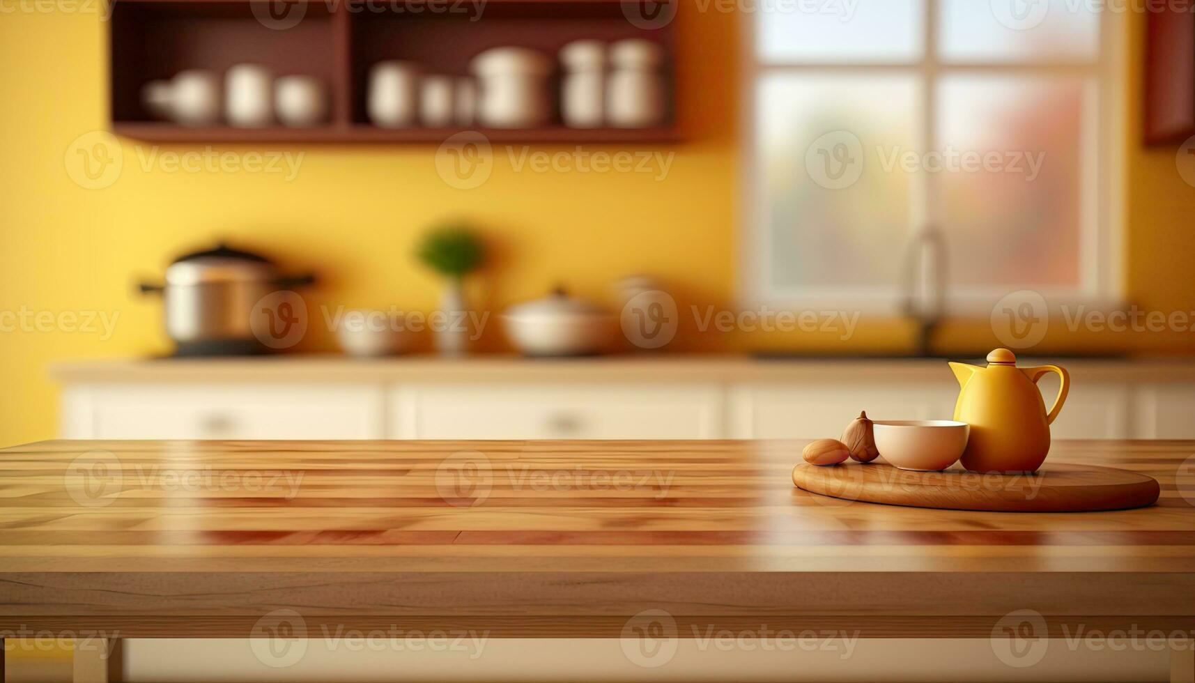 Empty table top over defocused kitchen with copy space photo
