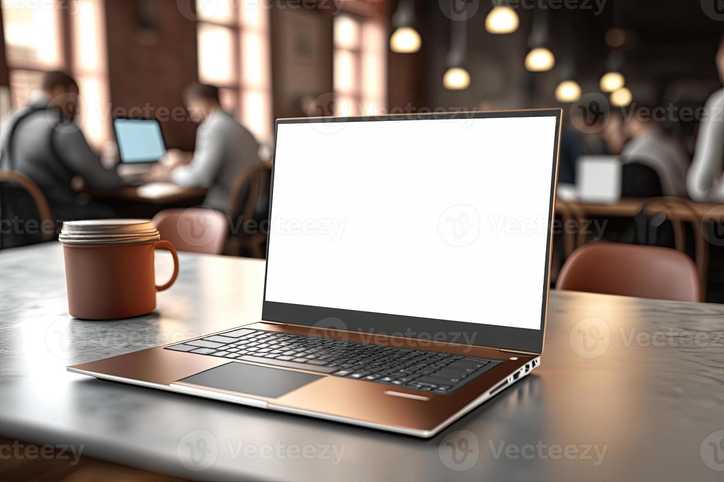 Creative White screen Mockup of a Laptop On The Desk. Empty Computer Design photo