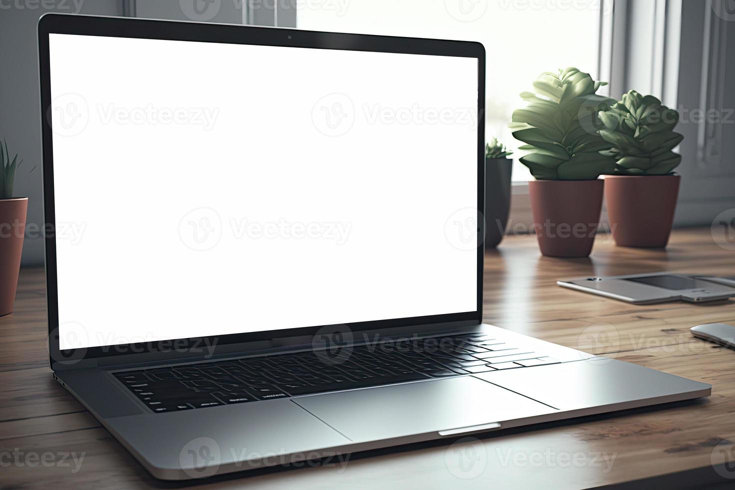 Creative White screen Mockup of a Laptop On The Desk. Empty Computer Design photo