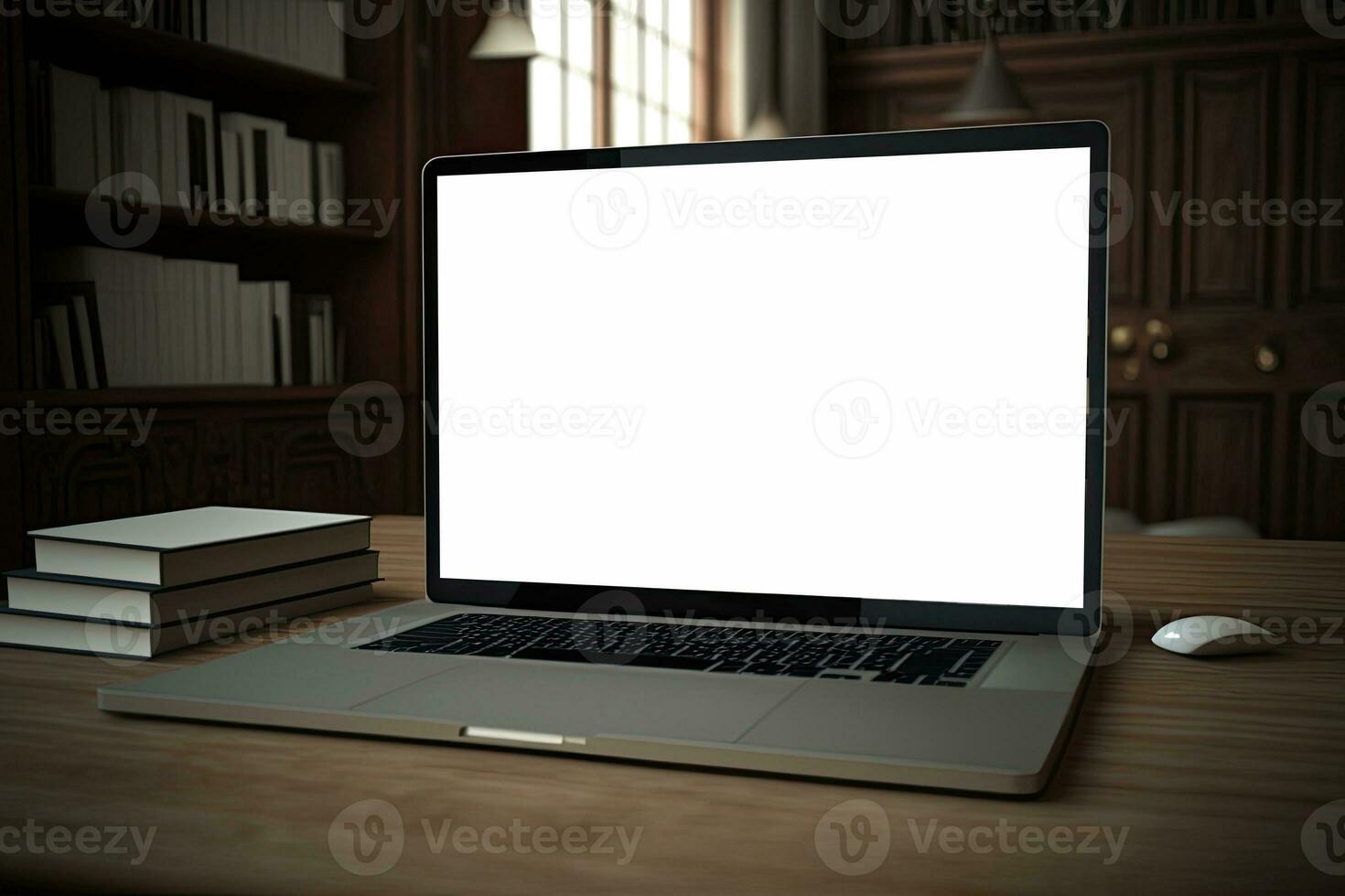 Creative White screen Mockup of a Laptop On The Desk. Empty Computer Design photo