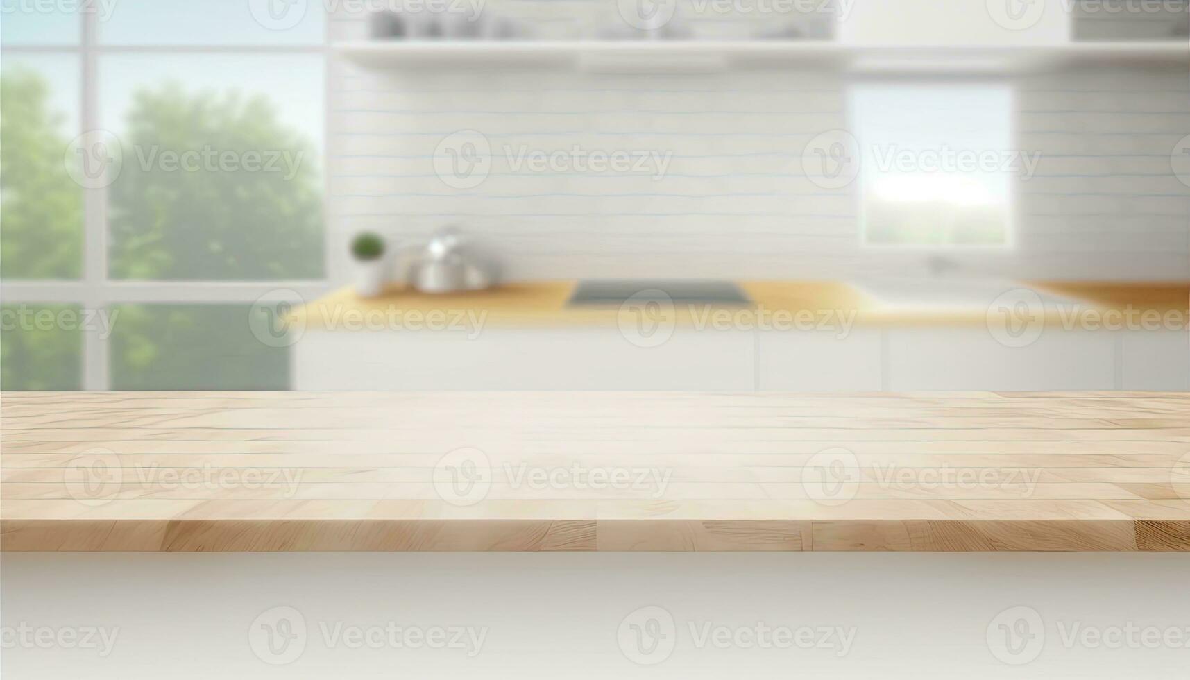 Empty table top over defocused kitchen with copy space photo