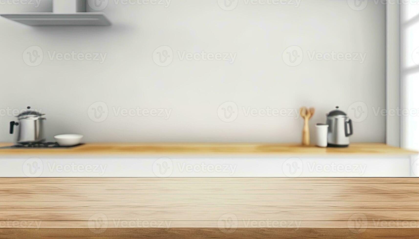 Empty table top over defocused kitchen with copy space photo