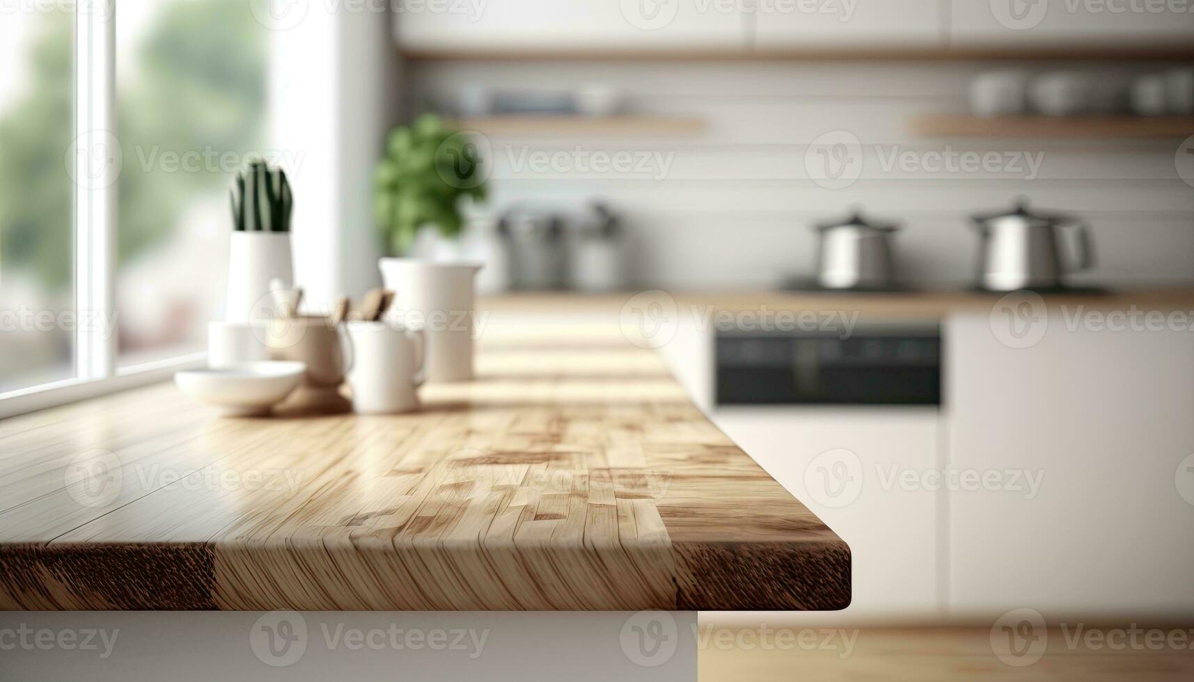 Empty table top over defocused kitchen with copy space photo