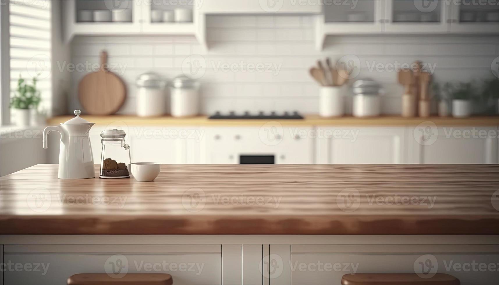 Empty table top over defocused kitchen with copy space photo