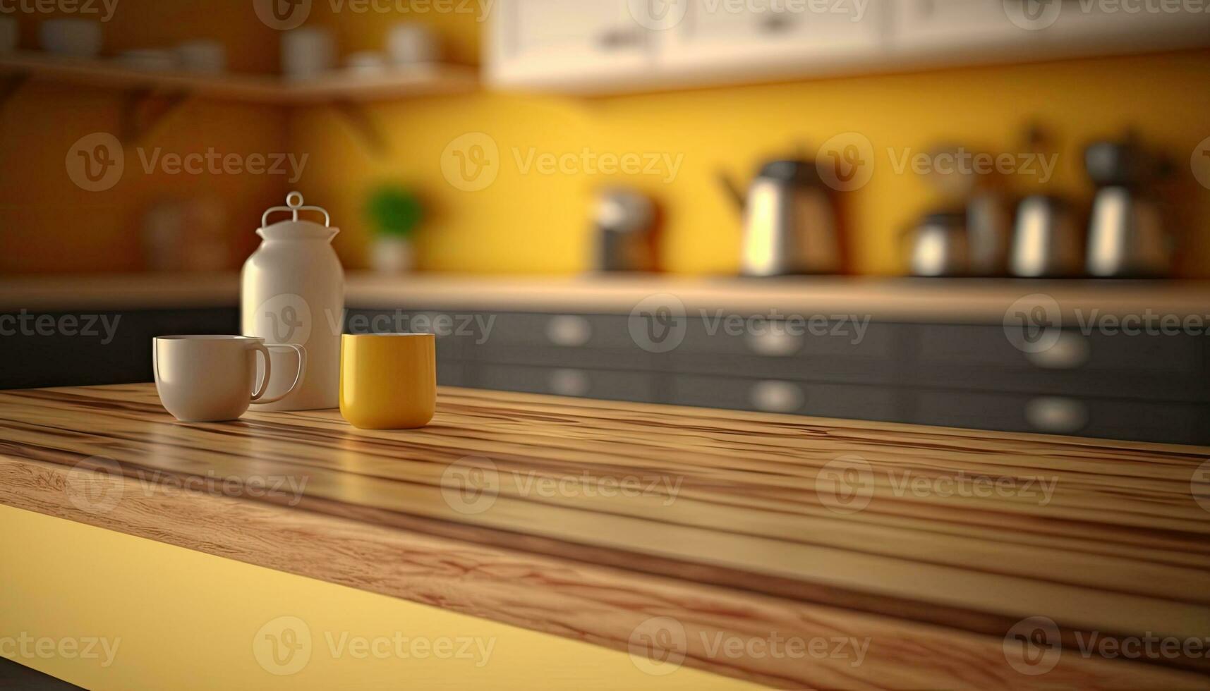 Empty table top over defocused kitchen with copy space photo