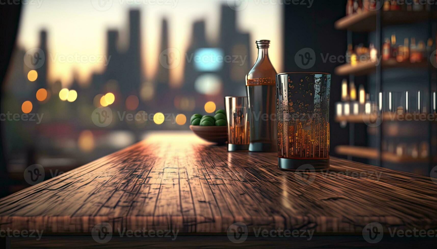 Empty wooden table with a view of blurred beverages bar backdrop photo