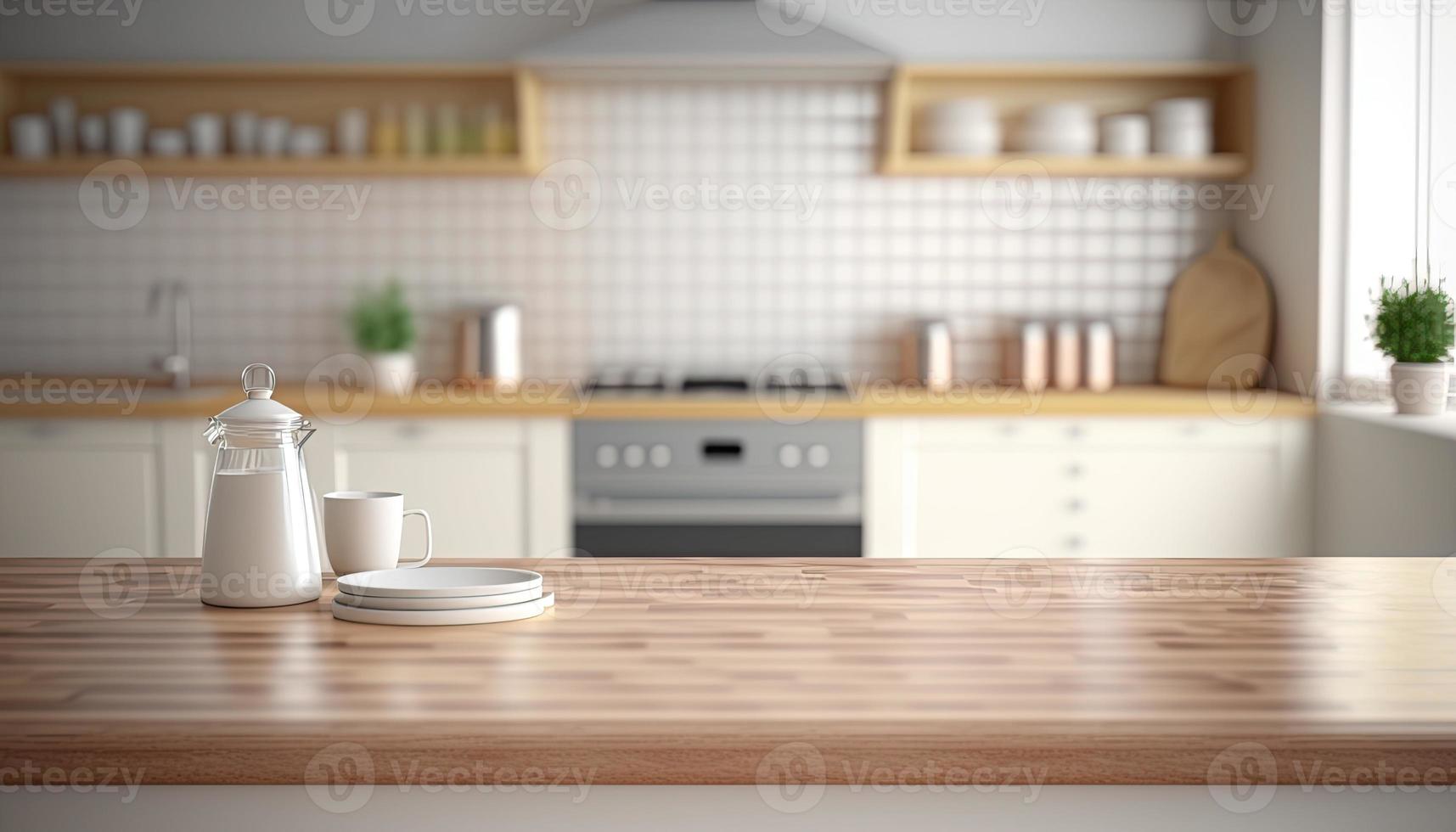 Empty table top over defocused kitchen with copy space photo