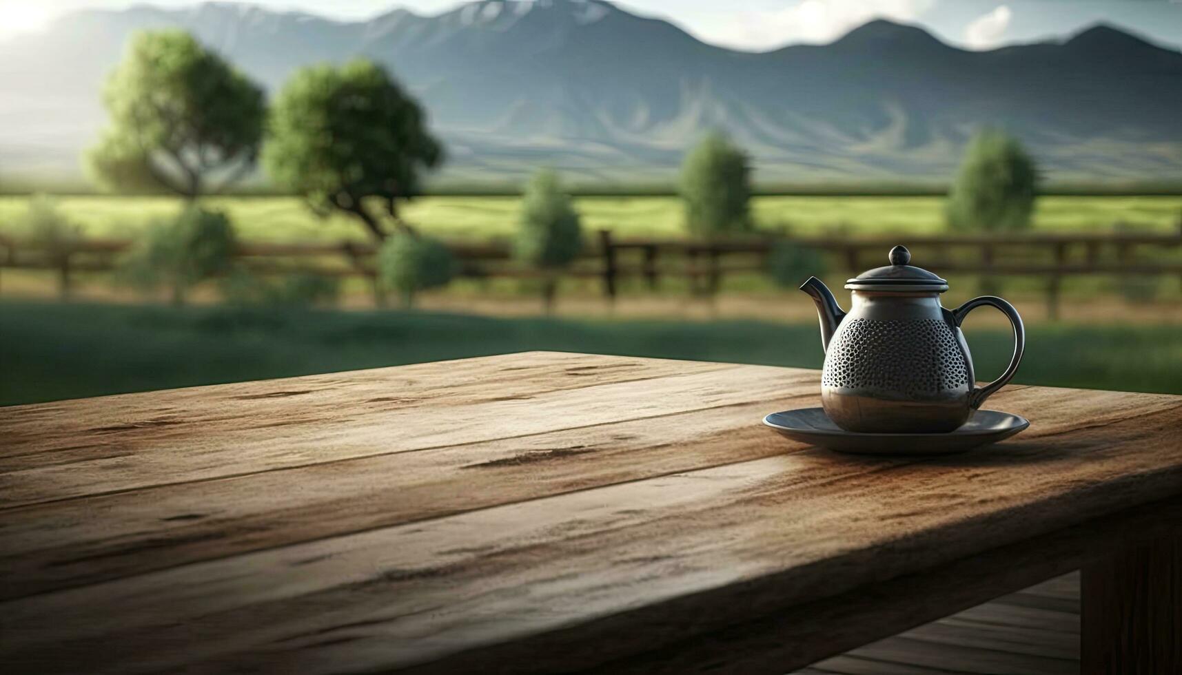 Empty wooden table with a view of blurred tea plantation background photo