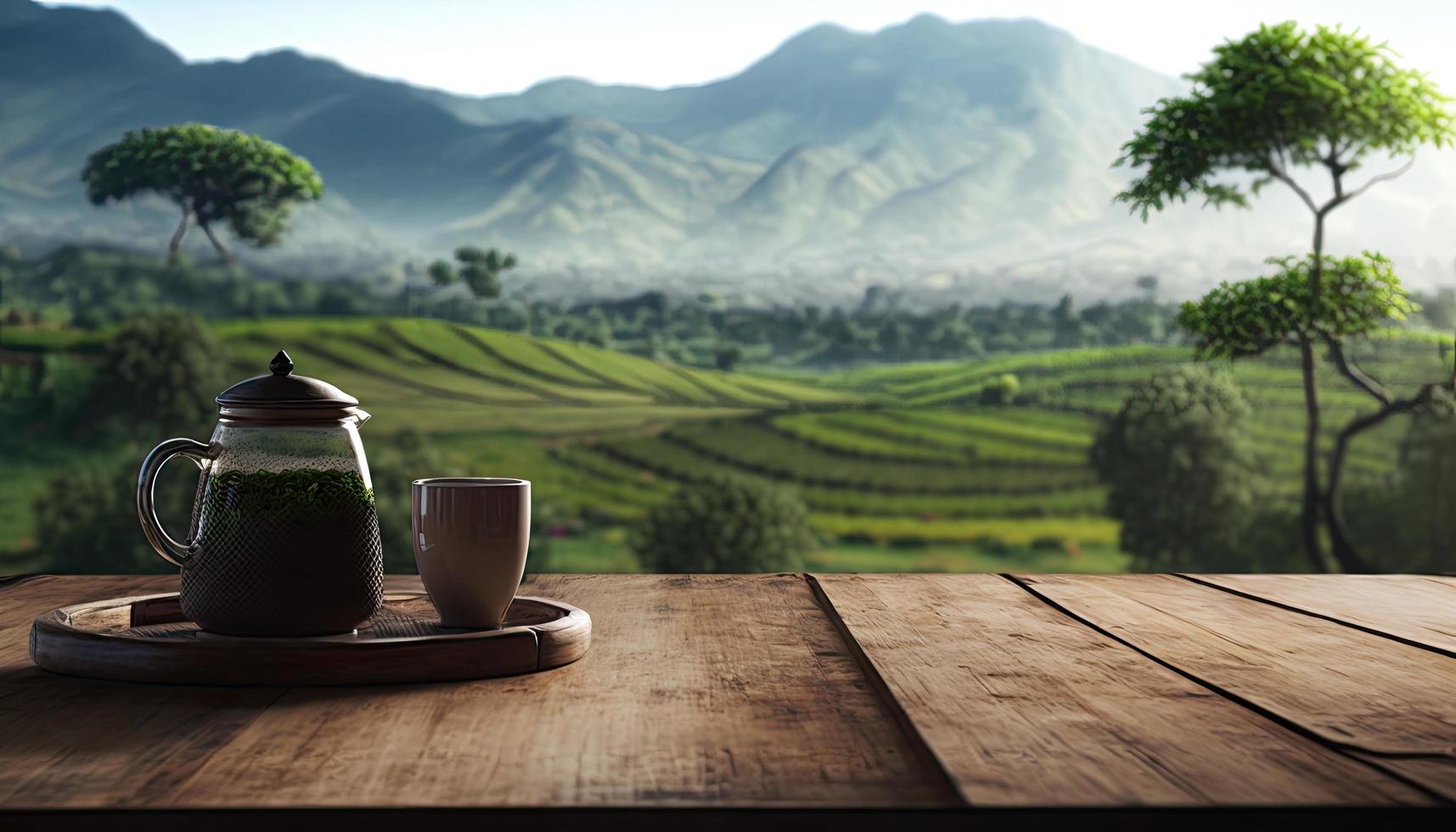Empty wooden table with a view of blurred tea plantation background photo