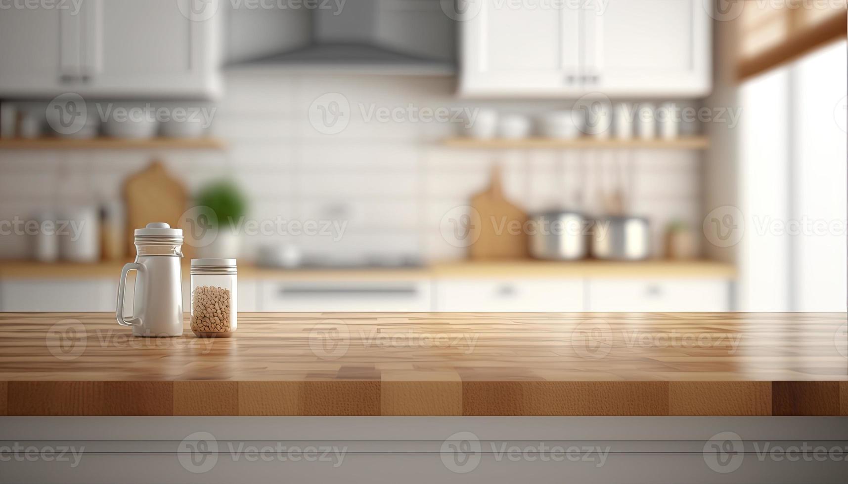 Empty table top over defocused kitchen with copy space photo