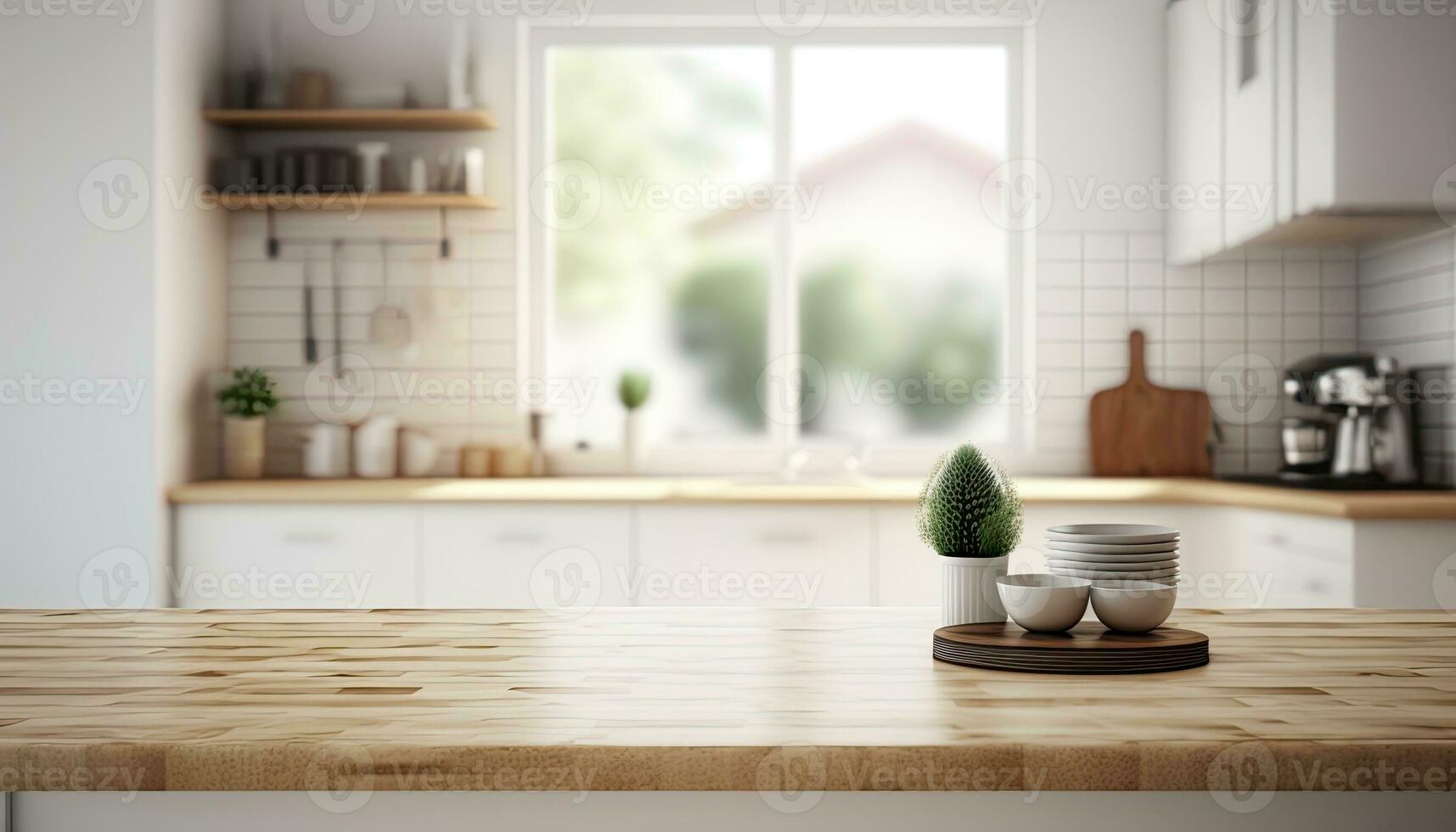 Empty table top over defocused kitchen with copy space photo
