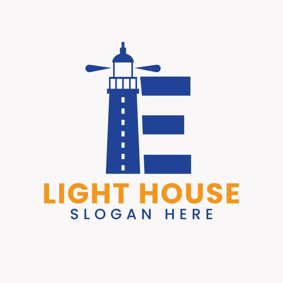 Letter E Light House Logo Vector Concept. Light House Logotype