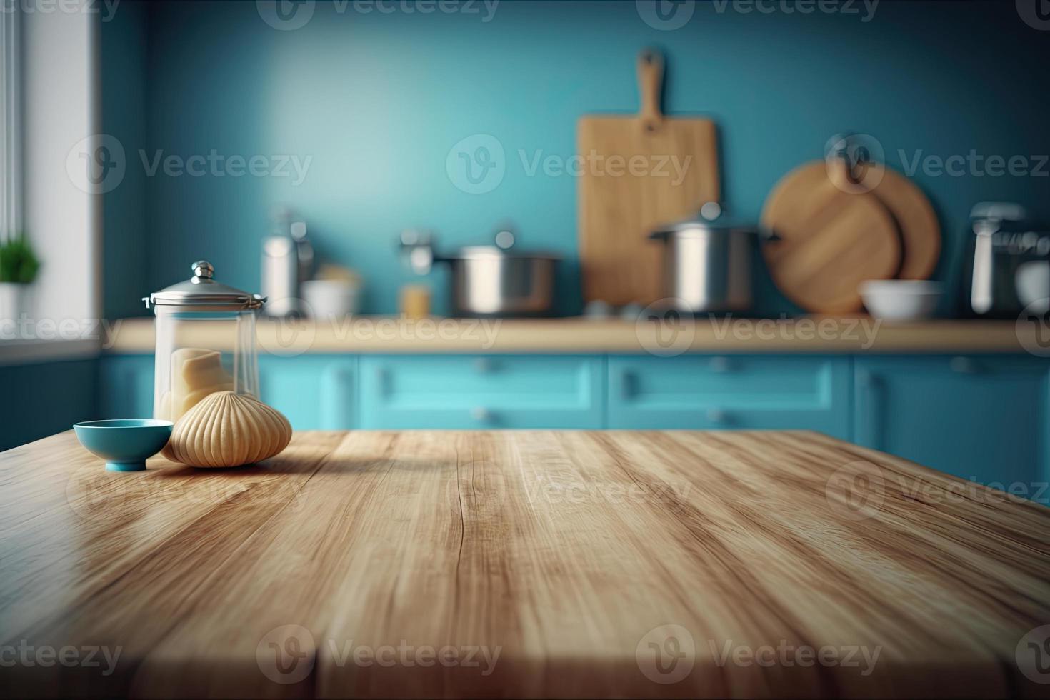 Empty table top over defocused kitchen with copy space photo