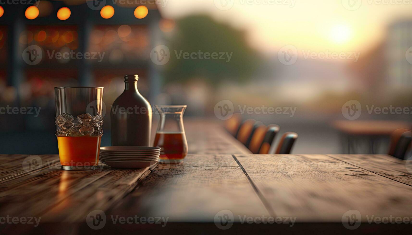 Empty wooden table with a view of blurred beverages bar backdrop photo
