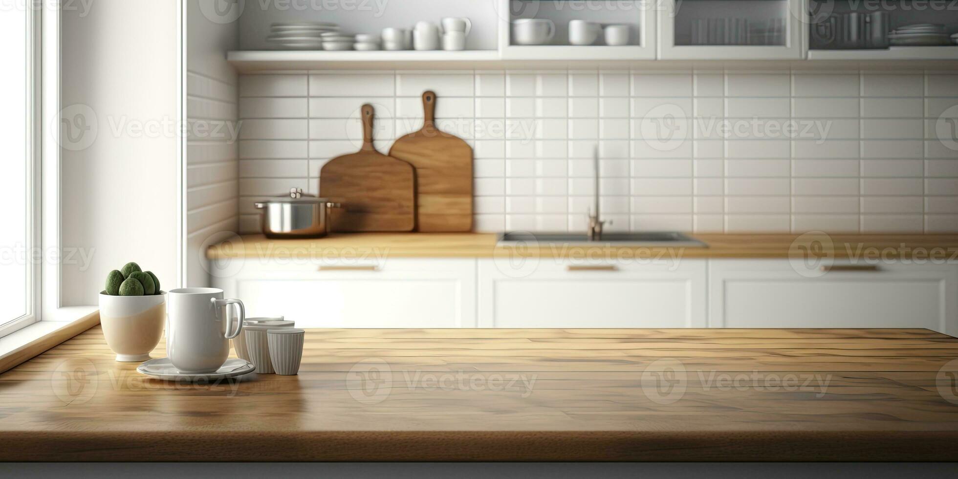 Empty table top over defocused kitchen with copy space photo