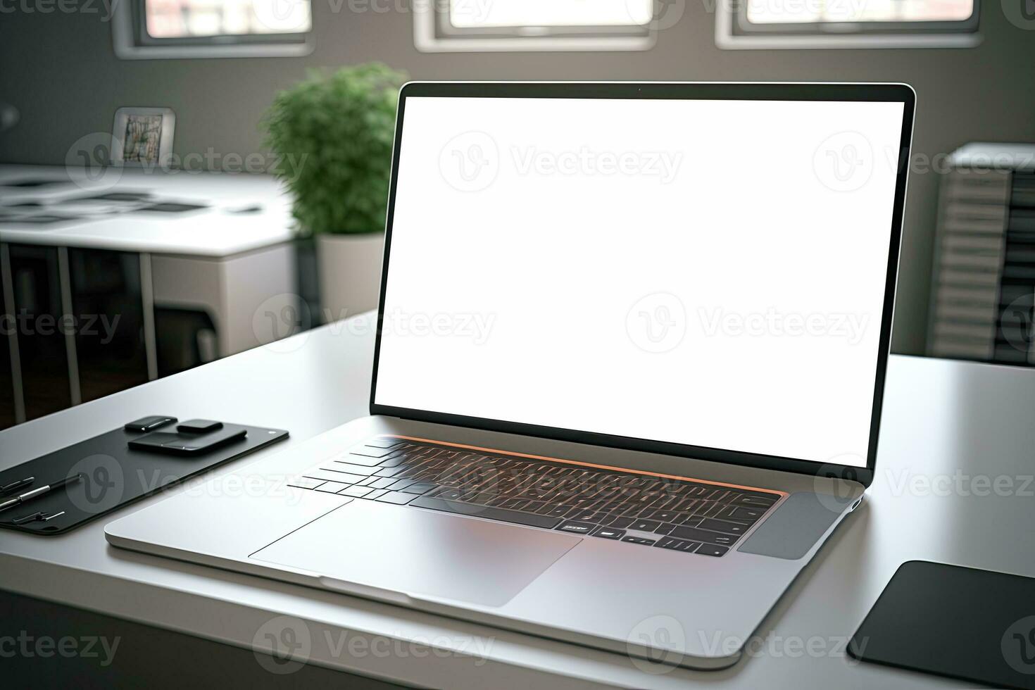 Creative White screen Mockup of a Laptop On The Desk. Empty Computer Design photo