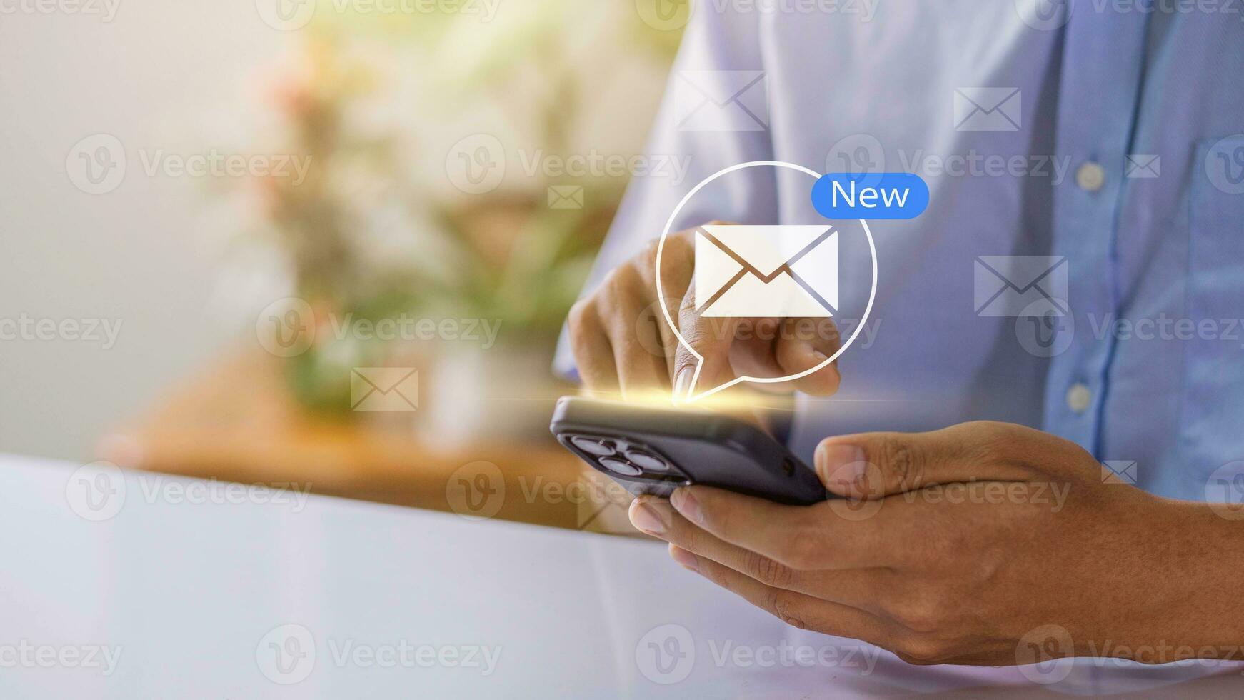 Businessman using smartphone with new email alert. Communication connection messages in global workplaces through email marketing or digital newsletter photo