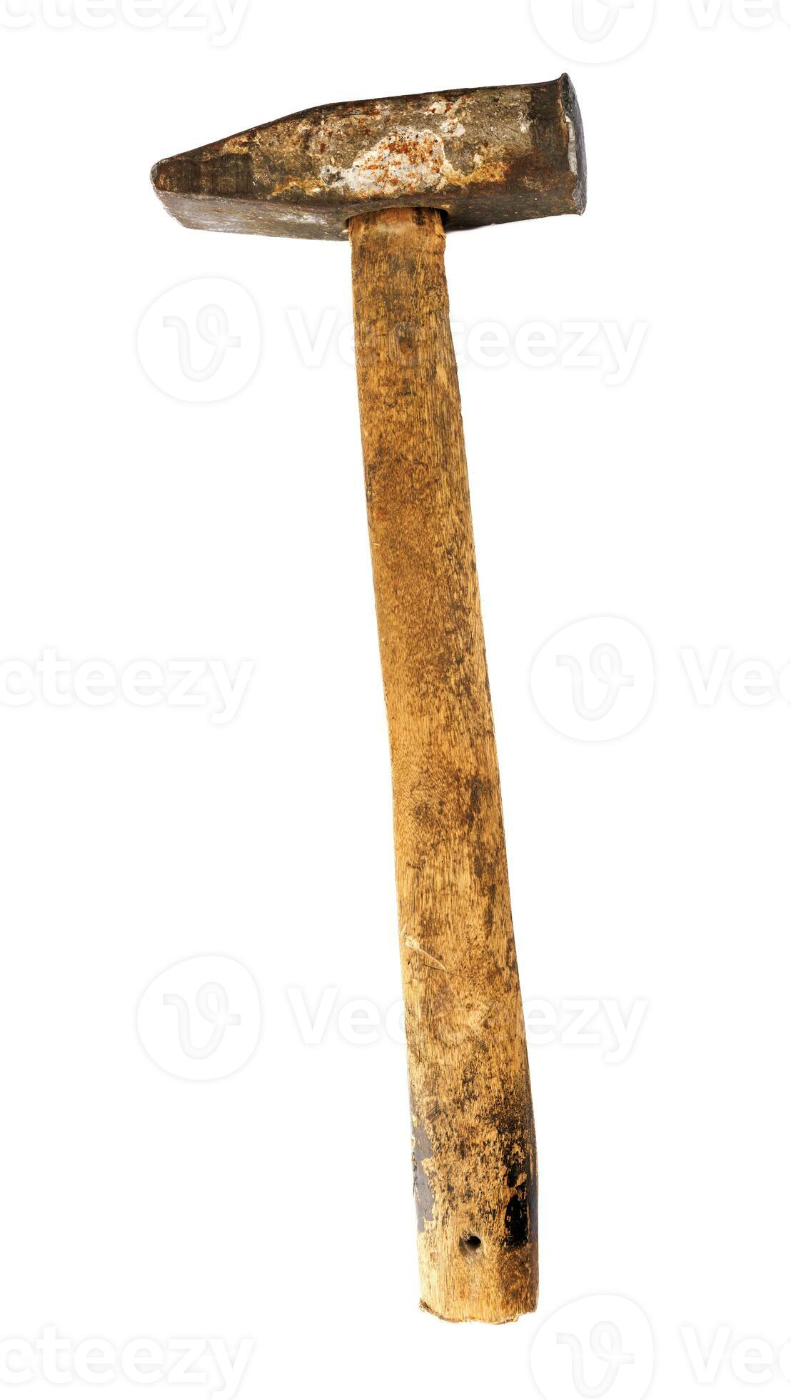 Old rusty hammer with wooden handle isolated on white background