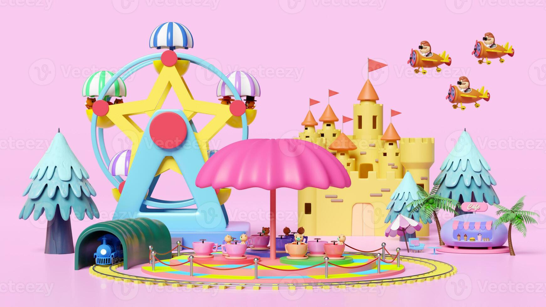 3d amusement park concept with tea cup ride, pilot, propeller plane, railroad tracks, tunnel, ferris wheel, ice cream showcases, landscape, castle, towers isolated on pink. 3d render illustration photo