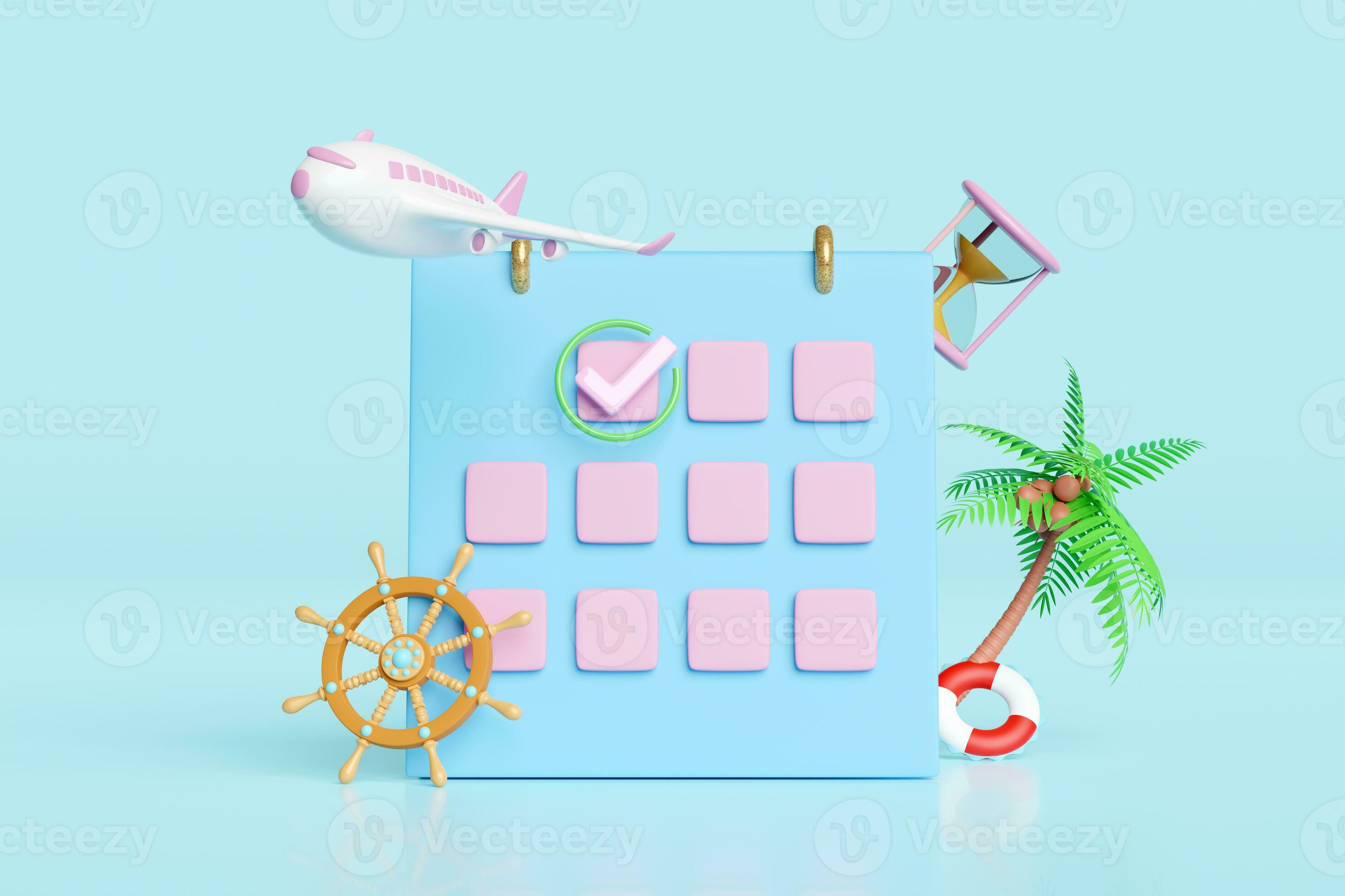 3d Calendar With Airplane Icons Marked Date Palm Tree Hourglass 3d-calendar-with-airplane-icons-marked-date-palm-tree-hourglass