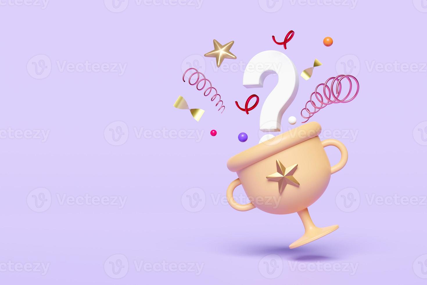Golden champion cup, trophies with question mark symbol, floating star, geometric shapes isolated on purple background. reward cup concept, 3d illustration render, clipping path photo