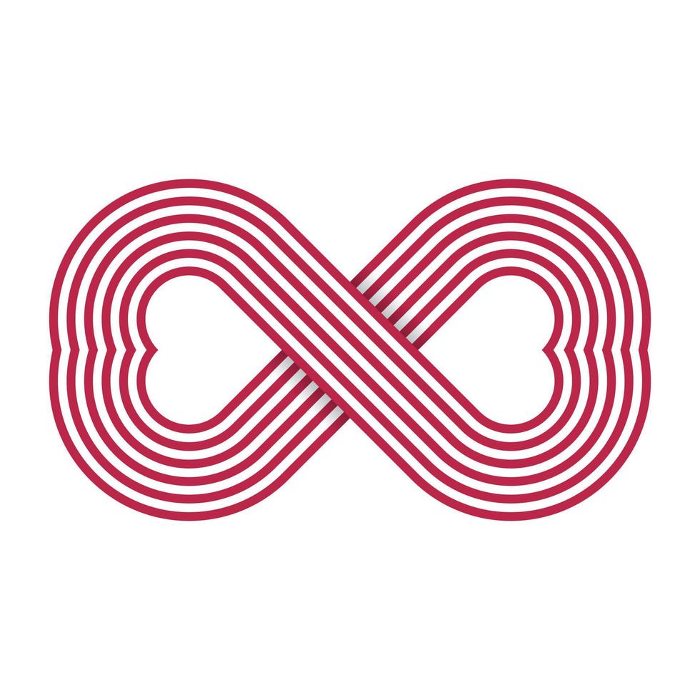 Heart-shaped infinity pattern. 6 red stripes white background. Double heart design, logo, symbol, icon. Vector illustration.