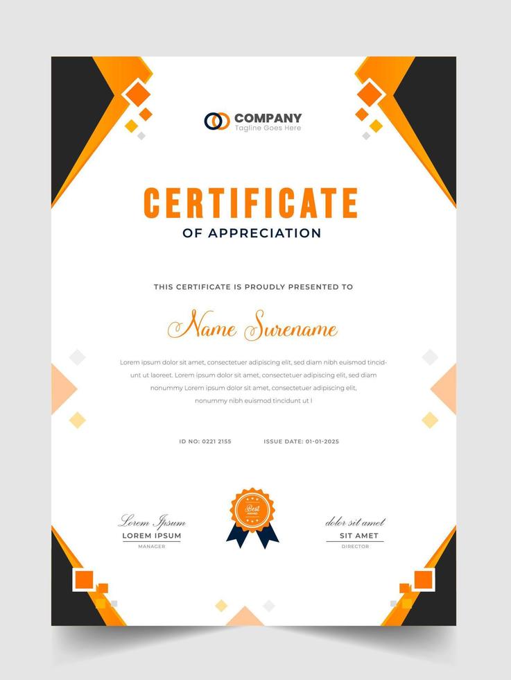 Abstract Clean professional yellow certificate of appreciation template. diploma modern certificate with badge. Elegant business diploma layout for training graduation or course completion. vector