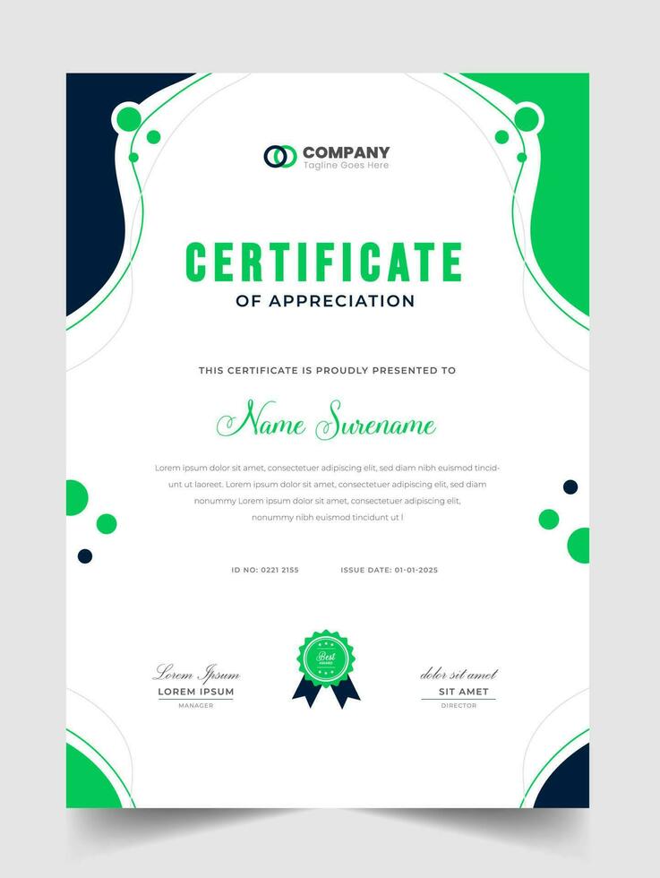 resumen limpiar profesional verde certificado de apreciación modelo. diploma moderno certificado con insignia. elegante negocio diploma diseño para formación graduación o curso terminación. vector