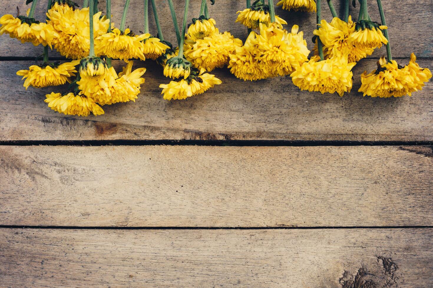 Yellow flowers of bouquet, top view on wooden background texture with copy space photo