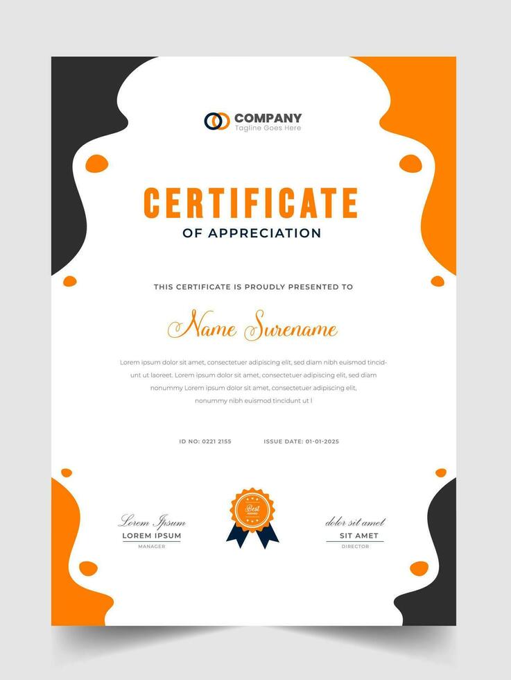 Abstract Clean professional yellow certificate of appreciation template. diploma modern certificate with badge. Elegant business diploma layout for training graduation or course completion. vector