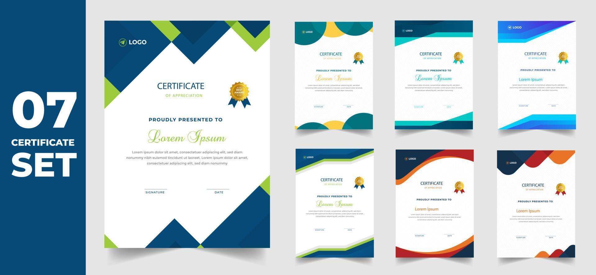 set of 7 Mega collection diploma Certificate template for achievement graduation completion with luxury badge. training graduation or course completion certificate set. certificate bundle, certificate vector