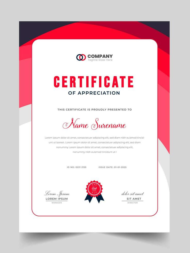 Abstract Clean professional red certificate of appreciation template. diploma modern certificate with badge. Elegant business diploma layout for training graduation or course completion. vector