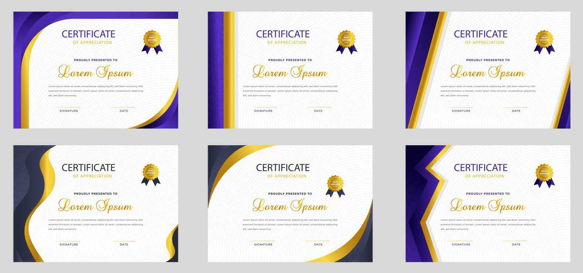 set of 6 Mega collection diploma Certificate template for achievement graduation completion with luxury badge. training graduation or course completion certificate set. certificate bundle, certificate vector