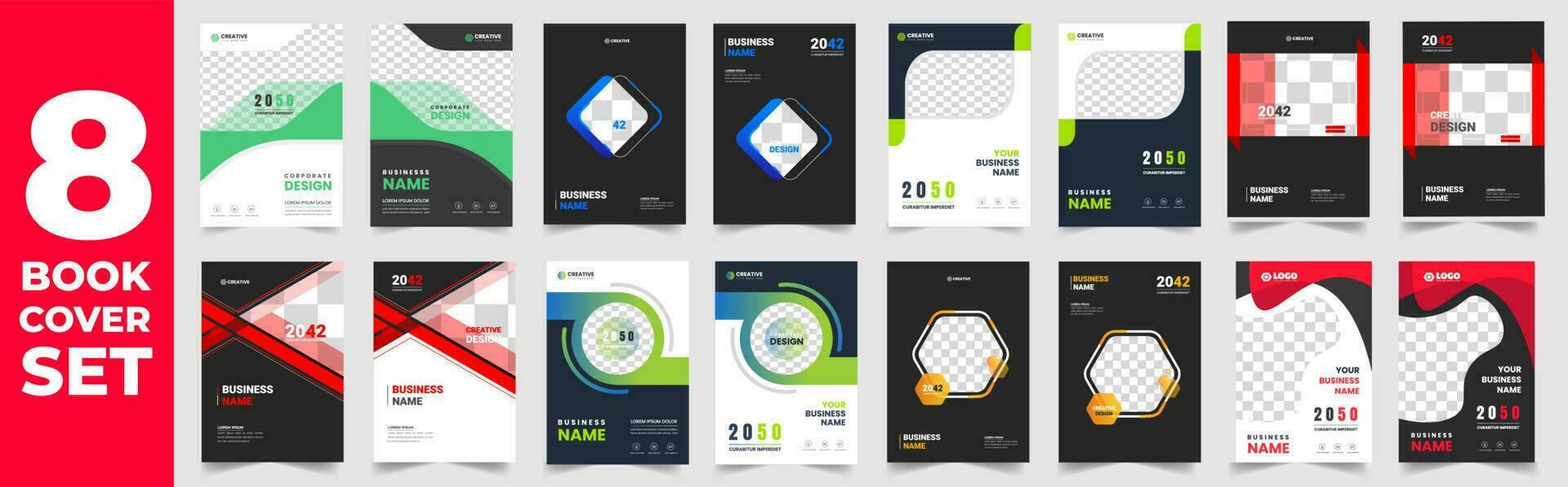 set of 8 Mega collection corporate business book cover design template. business book cover design. book cover big bundle. Company book cover big set template. vector