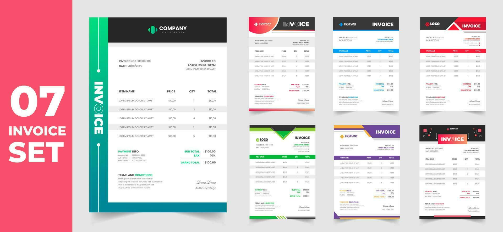 set of 07 Mega collection corporate modern minimal Business invoice form template. Invoicing quotes, money bill, Tax form, payment receipt, price invoices and payment agreement design template set. vector