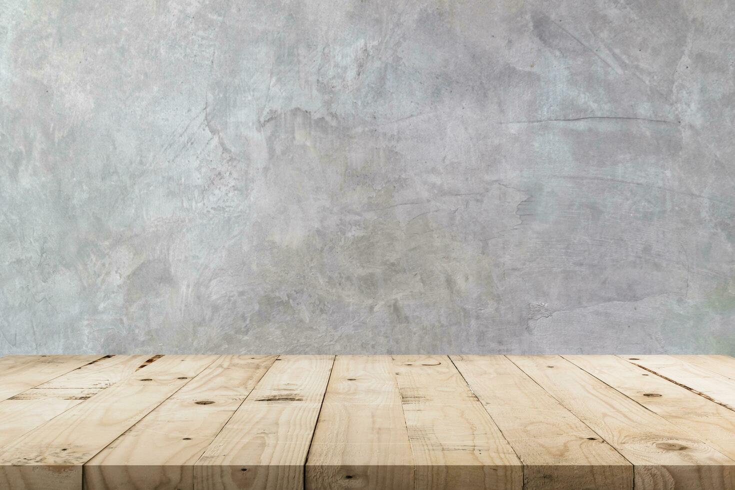 Empty wooden table and  concrete  wall texture and background with copy space, display montage for product. photo