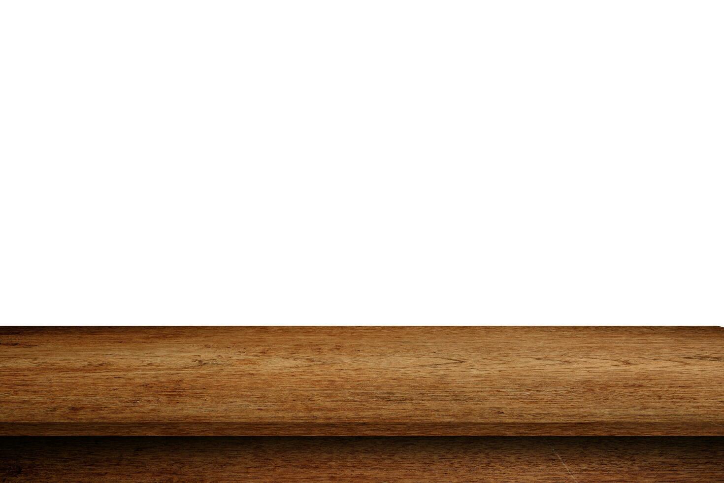 Empty wooden table top on isolated white, Template mock up for display of product. photo