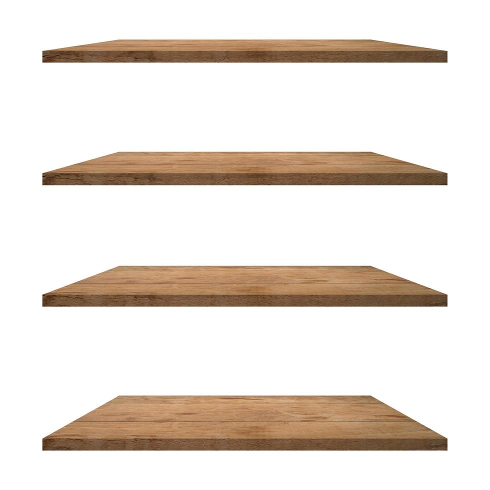 4 Wood shelves table isolated on white background and display montage for product. photo