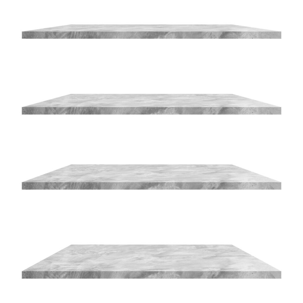 4 concrete shelves table isolated on white background and display montage for product. photo