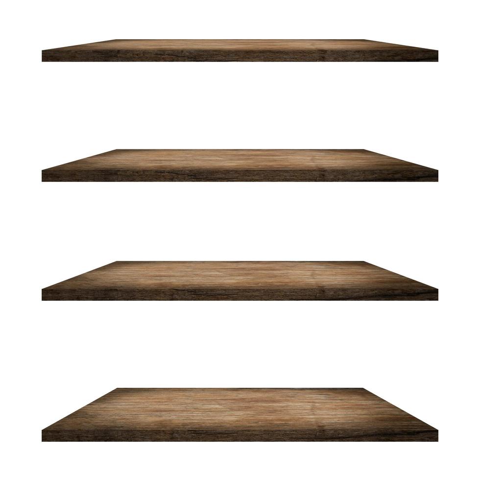 4 Wood shelves table isolated on white background and display montage for product. photo