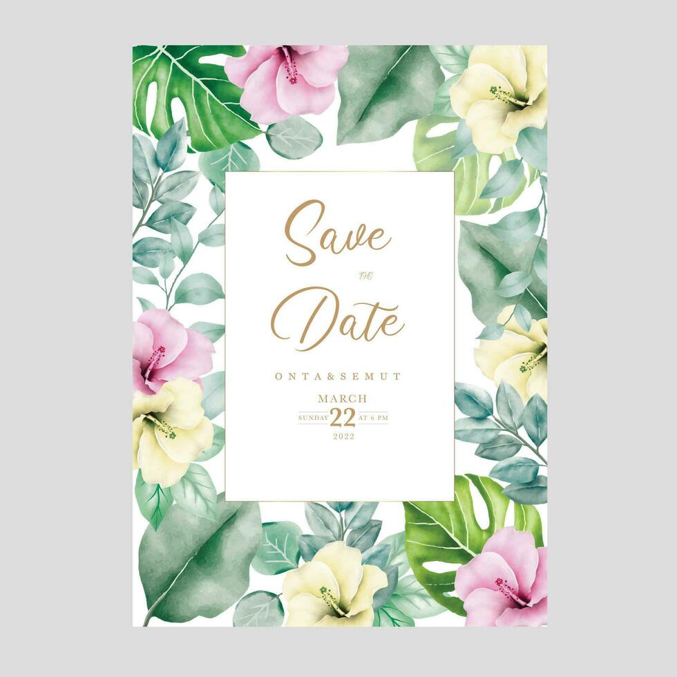 Tropical leaves summer wedding card design vector