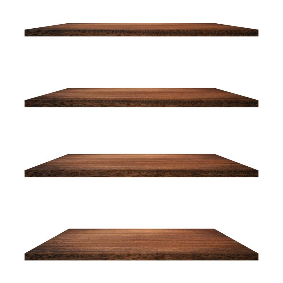 4 Wood shelves table isolated on white background and display montage for product. photo